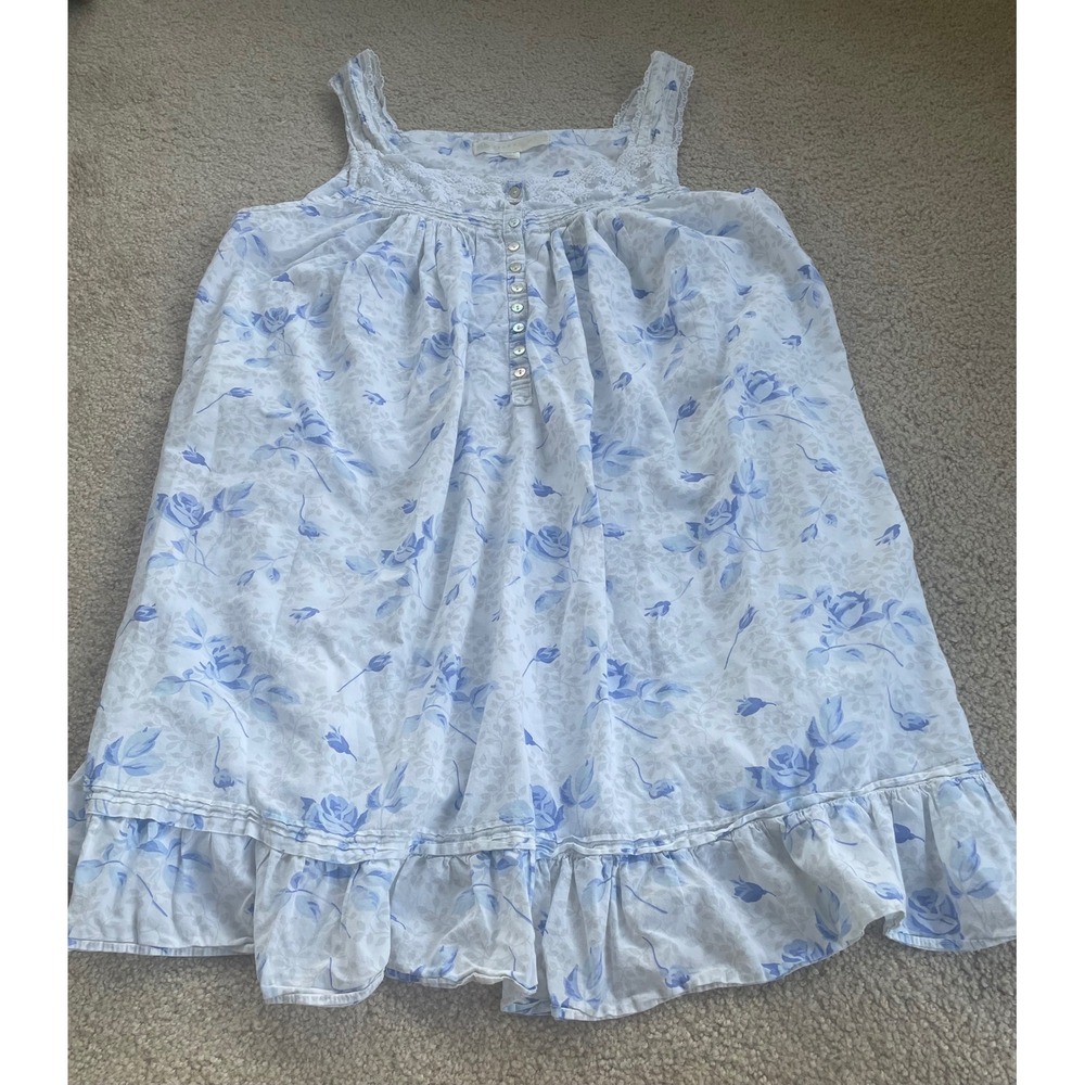 Eileen West Blue Floral Cotton Lawn Sleeveless Nightgown Lace Trim Ruffle Hem M